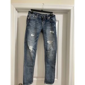 Miss Me Jeans Womens Size 29 Distressed Embellished Pocket Blue Denim Skinny